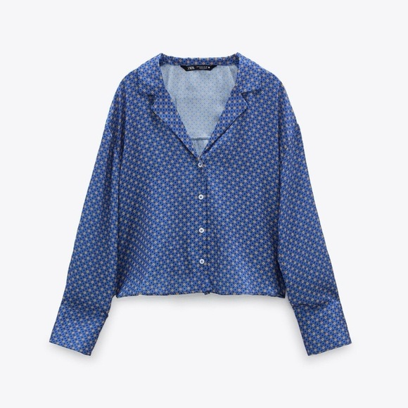 Zara Blue Boxy Satin Button Down Shirt with Notched Collar Size Large - Picture 4 of 10